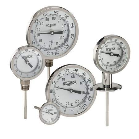 NOSHOK 3" Bimetal Thermometer, 1/2" NPT Adjustable Angle Conn, 4" Stem Length, 20/240 F/C, .250" Diameter 30-320-040-20/240-F/C